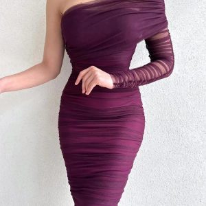 See Through Mesh Midi Dress for Women - Sexy Slim Bodycon Cocktail Dress with Off Shoulder Style