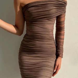 See Through Mesh Midi Dress for Women - Sexy Slim Bodycon Cocktail Dress with Off Shoulder Style