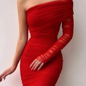 See Through Mesh Midi Dress for Women - Sexy Slim Bodycon Cocktail Dress with Off Shoulder Style