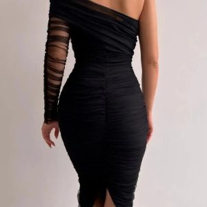 See Through Mesh Midi Dress for Women - Sexy Slim Bodycon Cocktail Dress with Off Shoulder Style