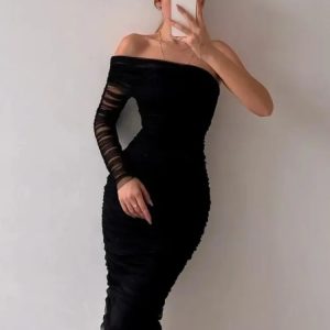 See Through Mesh Midi Dress for Women - Sexy Slim Bodycon Cocktail Dress with Off Shoulder Style