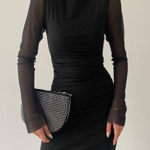 Semi-Sheer Mesh Long Sleeve Midi Dress for Y2K Aesthetic and Coquette Style Outfits