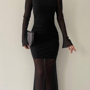 Semi-Sheer Mesh Long Sleeve Midi Dress for Y2K Aesthetic and Coquette Style Outfits