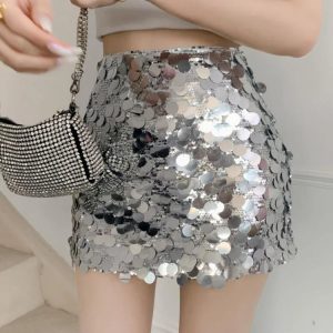 Sequin Bodycon Mini Skirt for Women - Y2K High Waist Casual Club Fashion Skirt