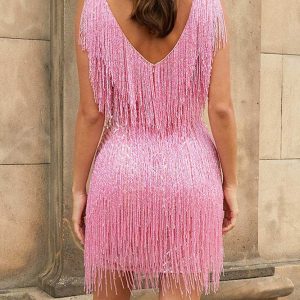 Sequined Tassel Mini Dress for Y2K Fashion Lovers - Chic Party Outfit with Aesthetic Appeal