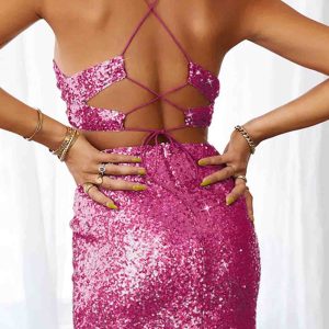 Sequined V Neck Backless Cutout Dress - Y2K Aesthetic Party Dress for Chic Nights Out