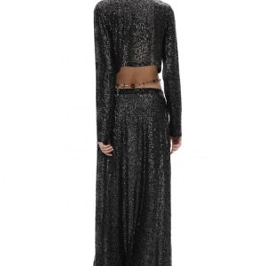 Sequined Y2K Fashion Two-Piece Set: Long Sleeve Crop Top & High Waist Maxi Skirt Outfit