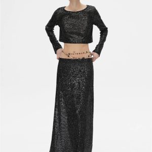 Sequined Y2K Fashion Two-Piece Set: Long Sleeve Crop Top & High Waist Maxi Skirt Outfit