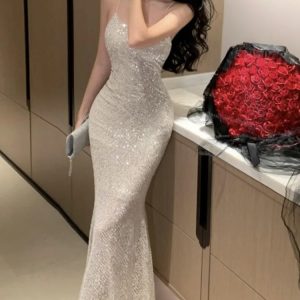 Sexy Bodycon Sequined Mermaid Dress for Women - Spaghetti Strap Backless Summer Party Gown