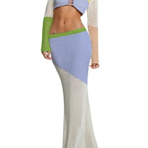 Sexy Crochet Two-Piece Set: Y2K Beach Outfits with Knit Hollow Crop Top & Bodycon Skirt