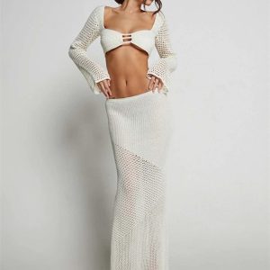 Sexy Crochet Two-Piece Set: Y2K Beach Outfits with Knit Hollow Crop Top & Bodycon Skirt