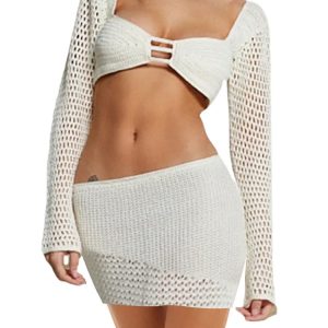 Sexy Crochet Two-Piece Set: Y2K Beach Outfits with Knit Hollow Crop Top & Bodycon Skirt