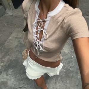 Sexy Deep V Neck Lace Up Slim Crop Top for Women - Y2K Patchwork Short Sleeve Summer Party Fashion