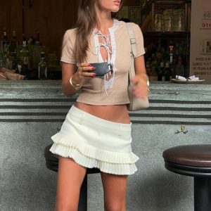 Sexy Deep V Neck Lace Up Slim Crop Top for Women - Y2K Patchwork Short Sleeve Summer Party Fashion