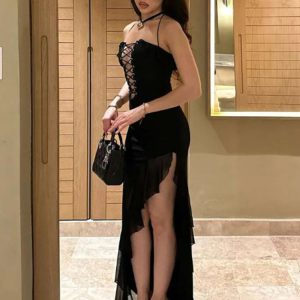 Sexy Hollow Out Deep V Neck Lace Dress with Side Slit - Elegant Bandage Strap Party Dress