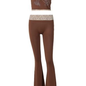 Sexy Lace Rhinestone Bodycon Crop Top & Pants Set for Cocktail Party & Club Streetwear