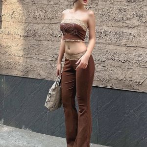 Sexy Lace Rhinestone Bodycon Crop Top & Pants Set for Cocktail Party & Club Streetwear