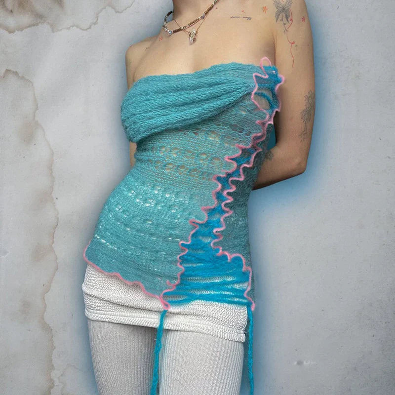 Sexy One-Shoulder Knitted Bandage Slim Contrast Color Vest Top - Y2K Fashion Backless Knitwear