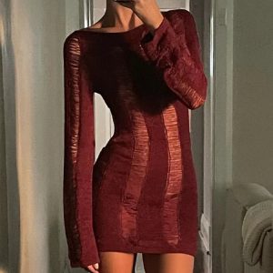 Sexy Sheer Knitted Bodycon Dress for Women - Long Sleeve Hollow Out Mini Club Dress