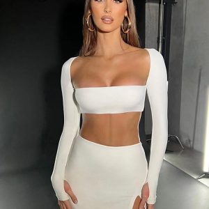 Sexy Y2K Aesthetic 2-Piece Lace-Up Long Sleeve Backless Crop Top & Side Slit Bodycon Mini Skirt Set