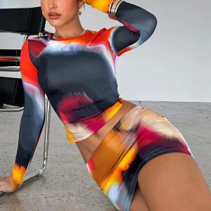 Sexy Y2K Aesthetic 2-Piece Long Sleeve Crop Top & High Waist Bodycon Mini Skirt Set