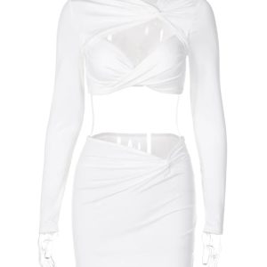 Sexy Y2K Aesthetic 2-Piece Set: Hollow Out Long Sleeve Crop Top & High Waist Mini Skirt