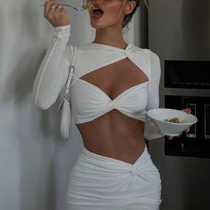 Sexy Y2K Aesthetic 2-Piece Set: Hollow Out Long Sleeve Crop Top & High Waist Mini Skirt