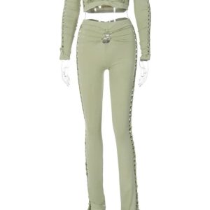 Sexy Y2K Aesthetic Hollow Out Long Sleeve Crop Top & High Waist Skinny Pants Set for Club Wear