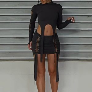 Sexy Y2K Bandage 2-Piece Set: Hollow Out Long Sleeve Crop Top & High Waist Mini Skirt