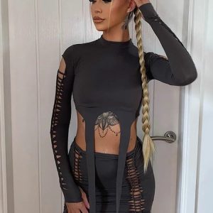 Sexy Y2K Bandage 2-Piece Set: Hollow Out Long Sleeve Crop Top & High Waist Mini Skirt