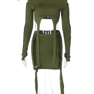 Sexy Y2K Bandage 2-Piece Set: Hollow Out Long Sleeve Crop Top & High Waist Mini Skirt