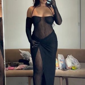 Sexy Y2K Mesh See-Through 2-Piece Lace-Up Long Sleeve Backless Top & High Waist Maxi Skirt Set