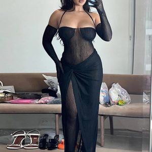 Sexy Y2K Mesh See-Through 2-Piece Lace-Up Long Sleeve Backless Top & High Waist Maxi Skirt Set