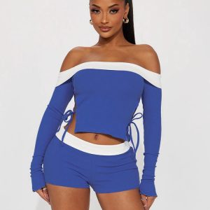 Sexy Y2K Off Shoulder Ribbed Crop Top with Trumpet Sleeves & Mini Pants Set for Summer