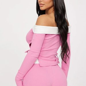 Sexy Y2K Off Shoulder Ribbed Crop Top with Trumpet Sleeves & Mini Pants Set for Summer