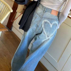 Shay Heart Print Y2K Jeans - Cute Grunge Aesthetic Denim for Trendy Outfits