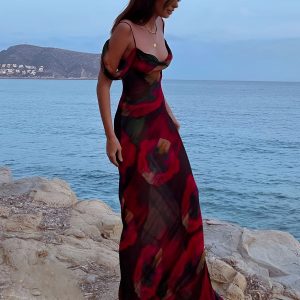 Sheer Floral Print Cami Dress - Y2K Aesthetic Maxi Dress for Boho and Coquette Styles