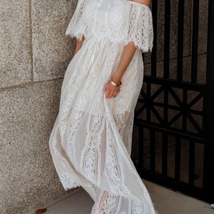 Sheer Lace Jacquard Cold Shoulder Dress - Y2K Aesthetic Long Dress for Chic Outfits