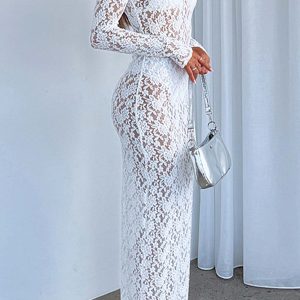 Sheer Lace Long Sleeve Maxi Dress for Y2K Aesthetic and Coquette Style Outfits