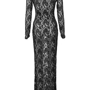 Sheer Lace Long Sleeve Maxi Dress for Y2K Aesthetic and Coquette Style Outfits