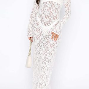 Sheer Lace Long Sleeve Maxi Dress for Y2K Aesthetic and Coquette Style Outfits