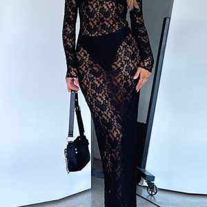 Sheer Lace Long Sleeve Maxi Dress for Y2K Aesthetic and Coquette Style Outfits