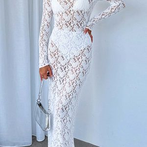 Sheer Lace Long Sleeve Maxi Dress for Y2K Aesthetic and Coquette Style Outfits