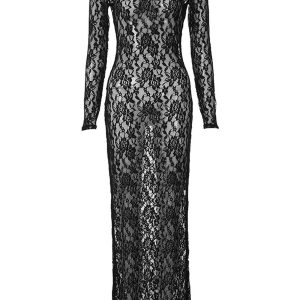 Sheer Lace Long Sleeve Maxi Dress for Y2K Aesthetic and Coquette Style Outfits