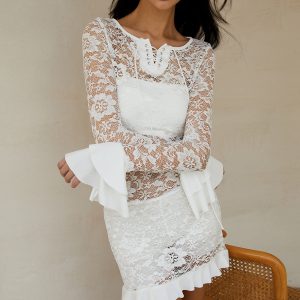 Sheer Long Sleeve Lace Dress for Y2K Fashion Lovers - Perfect for Coquette Aesthetic Outfits