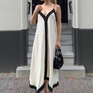 Sheer Loose Long Sundress for Women - Summer Backless Deep V Neck Casual Splice Dress 2024