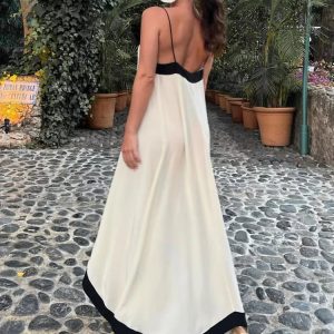 Sheer Loose Long Sundress for Women - Summer Backless Deep V Neck Casual Splice Dress 2024