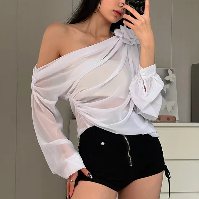 Sheer Mesh Flower Cover-Up for Women | Oversized Long Sleeve Beach Shirt | Sexy See-Through Top