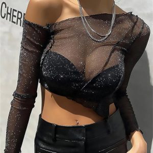 Sheer Mesh One-Shoulder Crop Top Tee - Y2K Streetwear Lace Black T-Shirt for Women