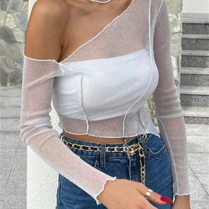 Sheer Mesh One-Shoulder Crop Top Tee - Y2K Streetwear Lace Black T-Shirt for Women